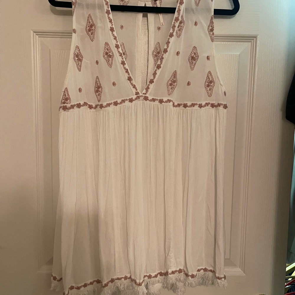Free People White and Pink Embroidered Blouse